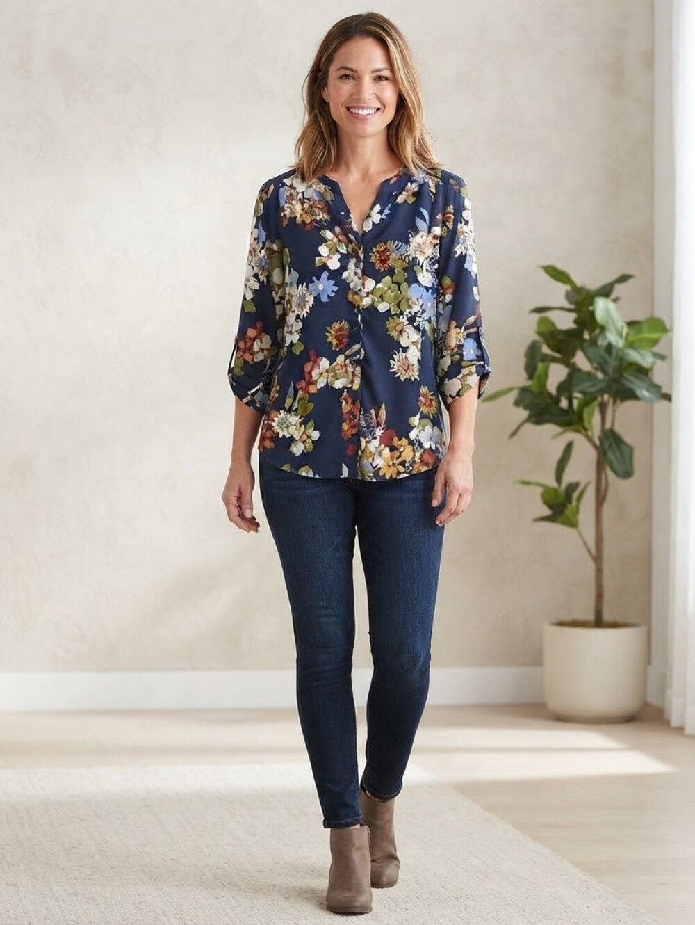 Zac & Rachel Navy Blue Floral Print Roll-Tab Sleeve Blouse Top XL